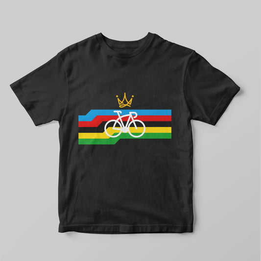 Campeón de ruta con camiseta arcoíris